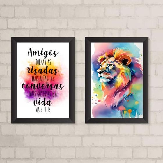 Imagem de Kit 2 Quadros Decorativos Leão FraseAmigos 33x24cm - com vidro