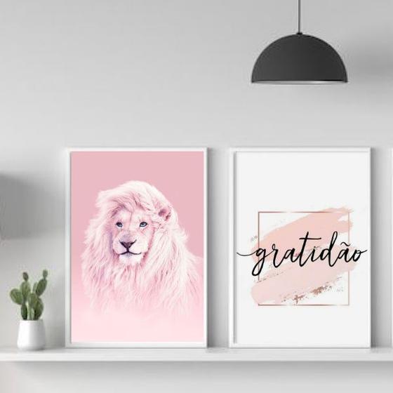 Imagem de Kit 2 Quadros Decorativos Leão Rosa Gratidão 33x24cm - com vidro