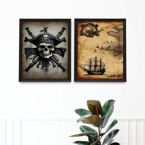 Imagem de Kit 2 Quadros Decorativos Mapa Pirata 33X24Cm - Com Vidro