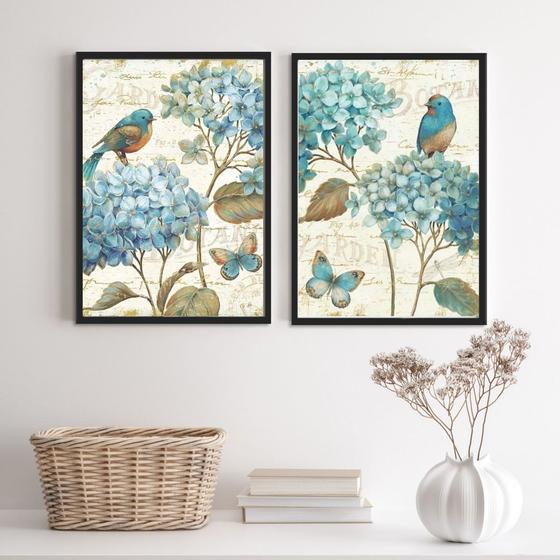 Imagem de Kit 2 Quadros Decorativos Passarinhos Hortências 45x34cm - com vidro