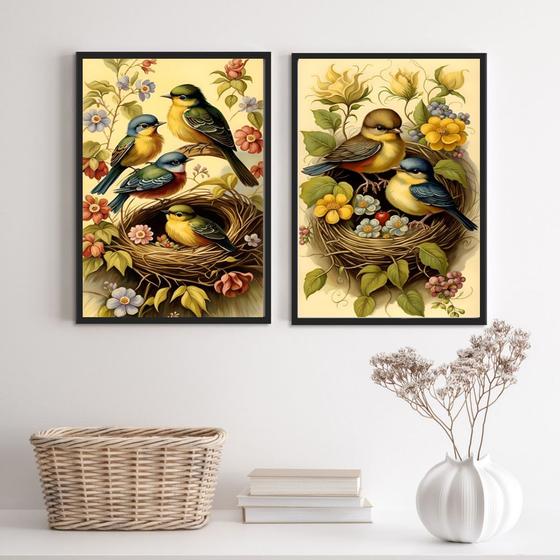 Imagem de Kit 2 Quadros Decorativos Passarinhos No Ninho 24x18cm - com vidro