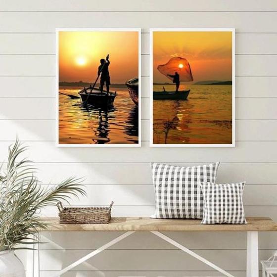 Imagem de Kit 2 Quadros Decorativos Pescadores- Por Do Sol 33X24Cm