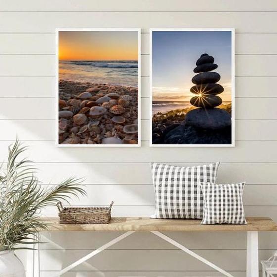 Imagem de Kit 2 Quadros Decorativos Praia Pedras E Conchas 24X18Cm