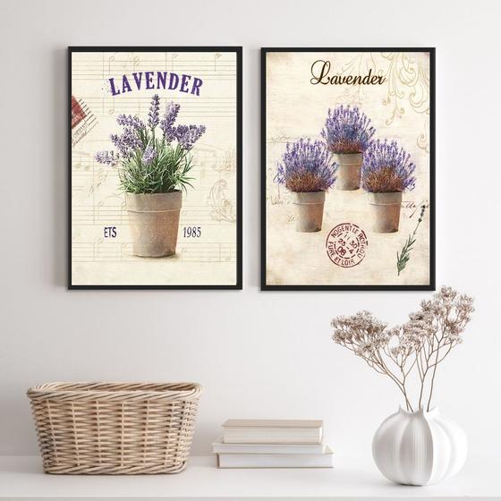 Imagem de Kit 2 Quadros Decorativos Vasinhos De Lavanda 24x18cm - com vidro