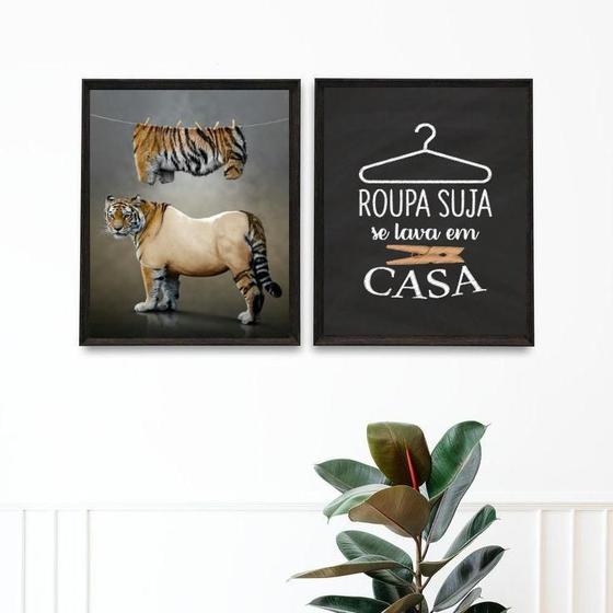 Imagem de Kit 2 Quadros Divertidos Lavanderia Tigre 33X24Cm - Vidro