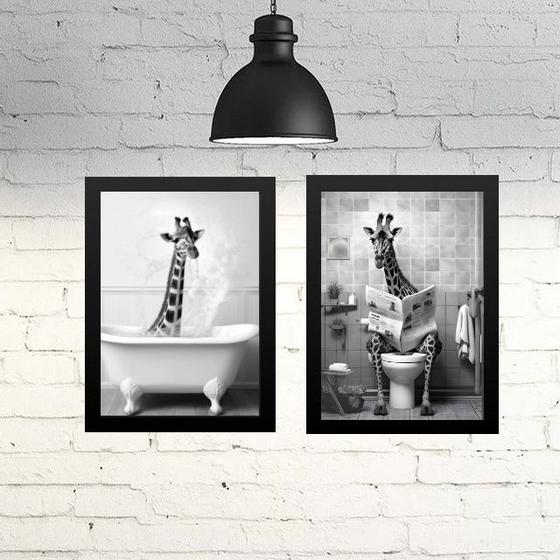 Imagem de Kit 2 Quadros Divertidos Para Banheiro - Girafas 24x18cm - com vidro