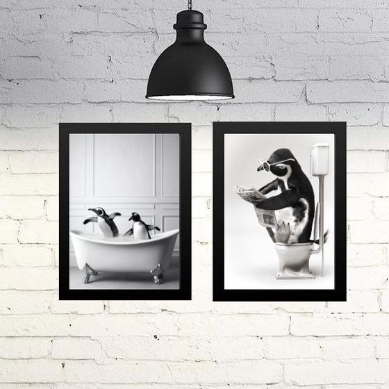 Imagem de Kit 2 Quadros Divertidos Para Banheiro - Pinguins 24x18cm