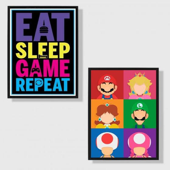 Imagem de Kit 2 Quadros Eat Sleep Game Repeat Personagens 24x18cm