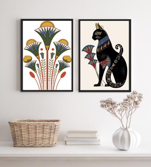 Imagem de Kit 2 Quadros Egípcios Gato Bastet E Flor De Lotus 33x24cm - com vidro