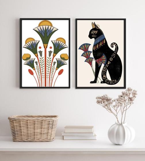 Imagem de Kit 2 Quadros Egípcios Gato Bastet E Flor Lotus 33X24Cm