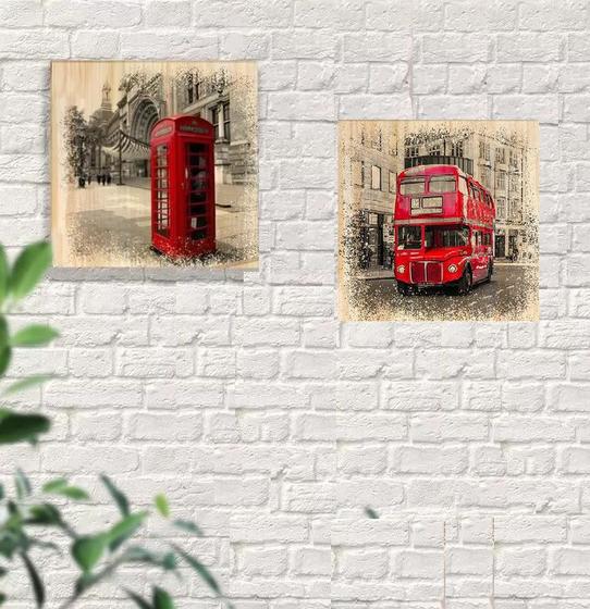 Imagem de Kit 2 Quadros Em Pinus Decorativo Londres Ônibus E Telefone