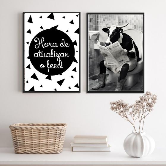 Imagem de Kit 2 Quadros Engraçados Banheiro - Vaca 45x34cm - com vidro