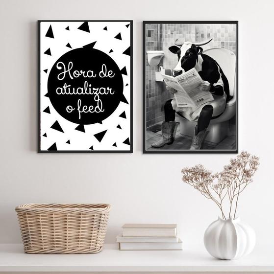 Imagem de Kit 2 Quadros Engraçados Banheiro - Vaca 45X34Cm - Com Vidro