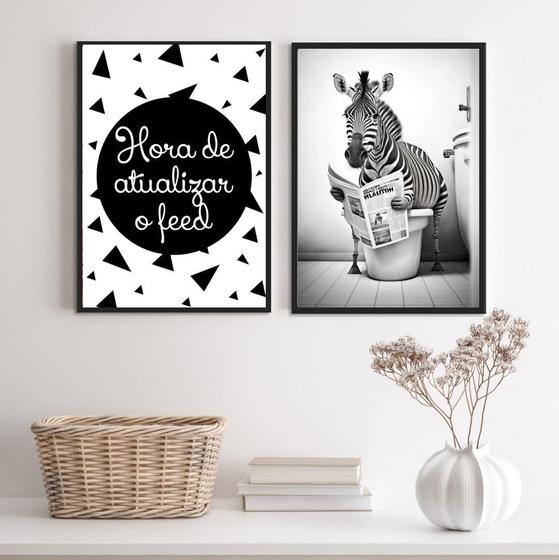 Imagem de Kit 2 Quadros Engraçados Banheiro - Zebra 24X18Cm - Vidro