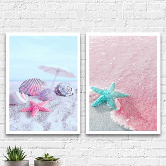 Imagem de Kit 2 Quadros Estrela Do Mar Rosa E Azul 24x18cm - com vidro
