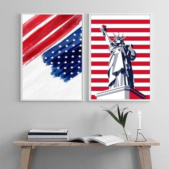 Imagem de Kit 2 Quadros Eua Bandeira E Estátua Liberdade 45X34Cm Vidro