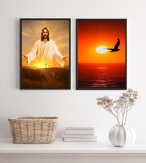 Imagem de Kit 2 Quadros Evangélicos Jesus Por Do Sol 24X18Cm - Vidro