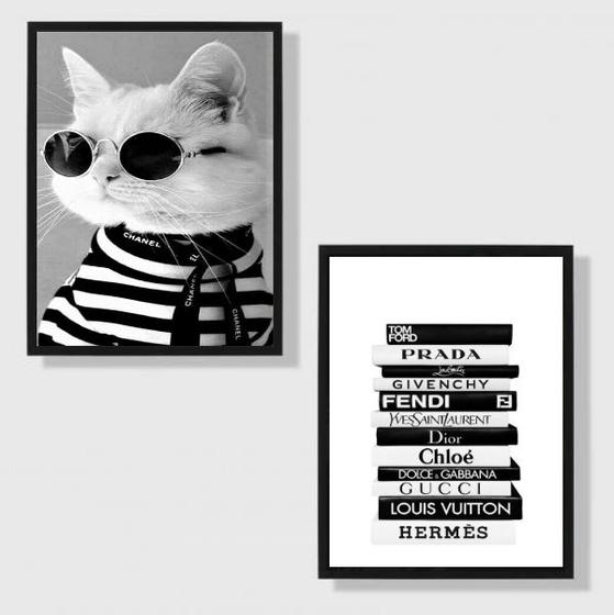 Imagem de Kit 2 Quadros Fashion Gatinho Livros Moda 45x34cm - com vidro