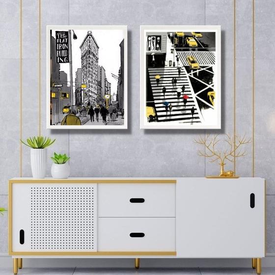 Imagem de Kit 2 Quadros Figurativos New York - Preto Amarelo 45x34cm - com vidro