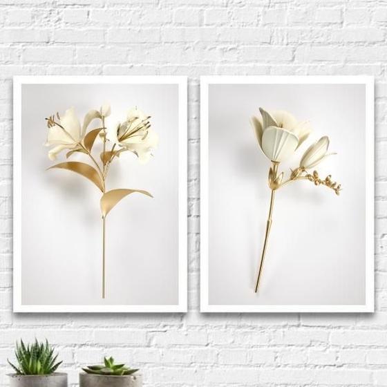 Imagem de Kit 2 Quadros Flores Brancas Com Dourado 33X24 Vidro Branca