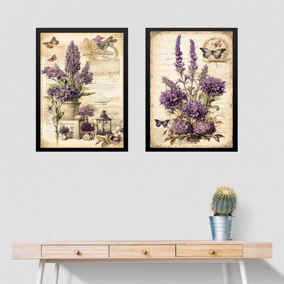 Imagem de Kit 2 Quadros Flores De Lavanda - Borboletas 33X24Cm - Vidro