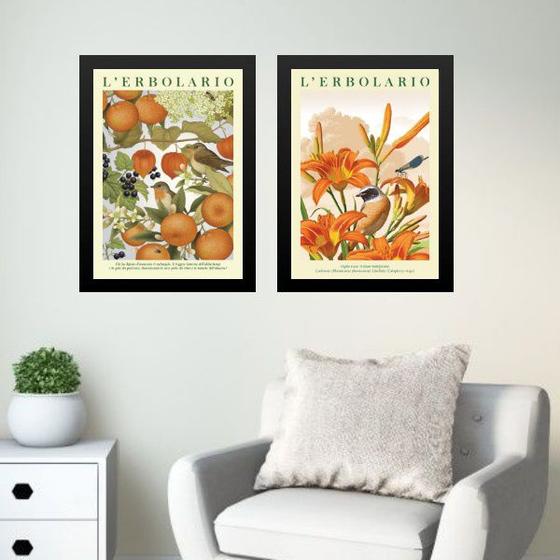 Imagem de Kit 2 Quadros Flores Laranjas Com Passarinhos 45x34cm