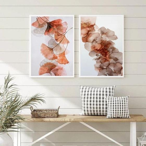 Imagem de Kit 2 Quadros Flores Modernas Abstratas Tons Neutros 45x34cm - com vidro