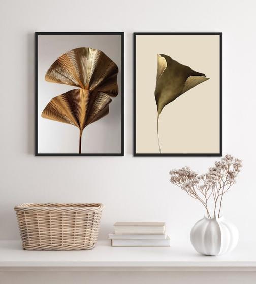 Imagem de Kit 2 Quadros Flores Modernas Marrom E Dourado 33x24cm - com vidro