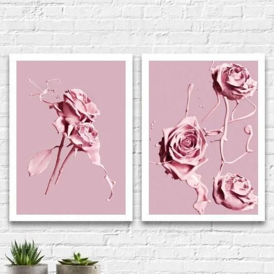 Imagem de Kit 2 Quadros Flores Rosas Tinta 45X34Cm - Com Vidro
