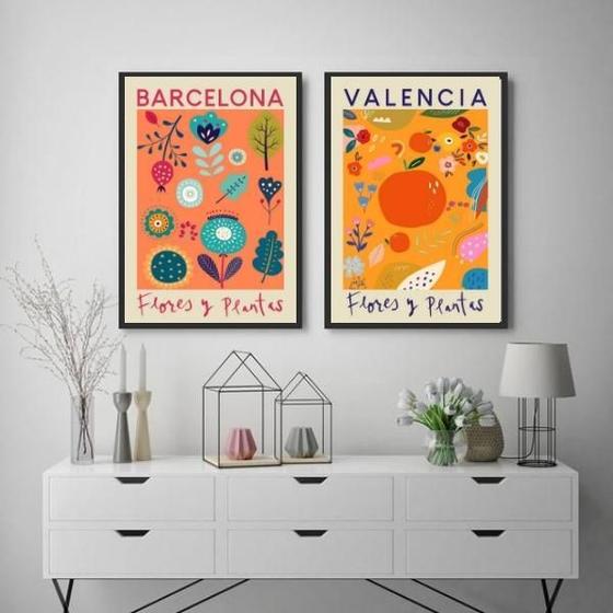 Imagem de Kit 2 Quadros Flower Market Valência E Barcelona 24X18Cm