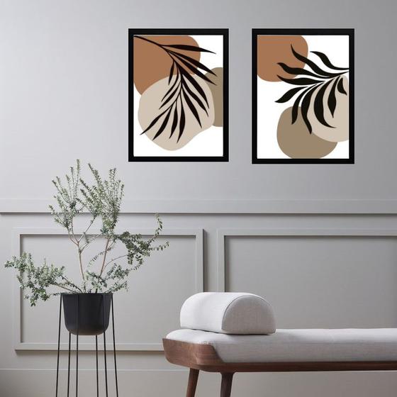Imagem de Kit 2 Quadros Folhas Abstratas - Marrom Preto Cinza 33x24cm - com vidro