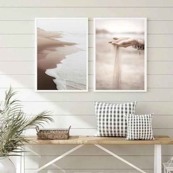 Imagem de Kit 2 Quadros Fotografias Areia Praia Mar- Bege E Marrom 33x24cm - com vidro