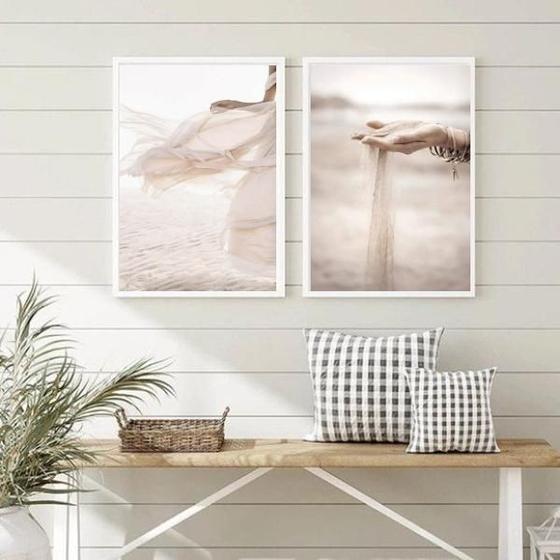 Imagem de Kit 2 Quadros Fotografias Bege Mulher Areia Praia 45X34Cm