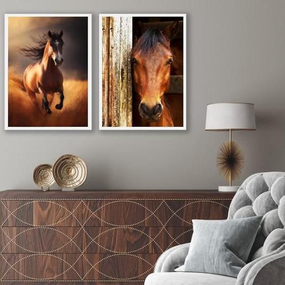 Imagem de Kit 2 Quadros Fotografias Cavalos Marrom 45X34Cm - Com Vidro