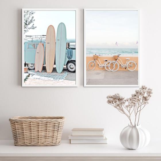 Imagem de Kit 2 Quadros Fotografias Praia Kombi E Bicicleta 33x24cm - com vidro