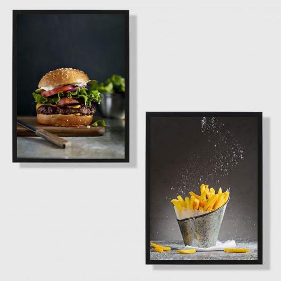 Imagem de Kit 2 Quadros Fotos Hambúrguer E Batata Frita 33x24cm - com vidro