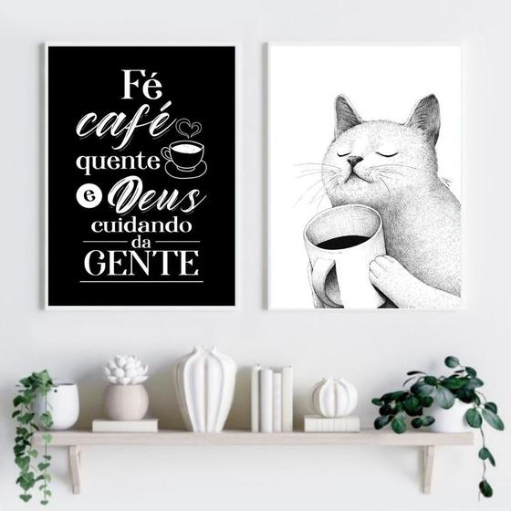 Imagem de Kit 2 Quadros Gatinho Café Amor E Fé 24X18Cm