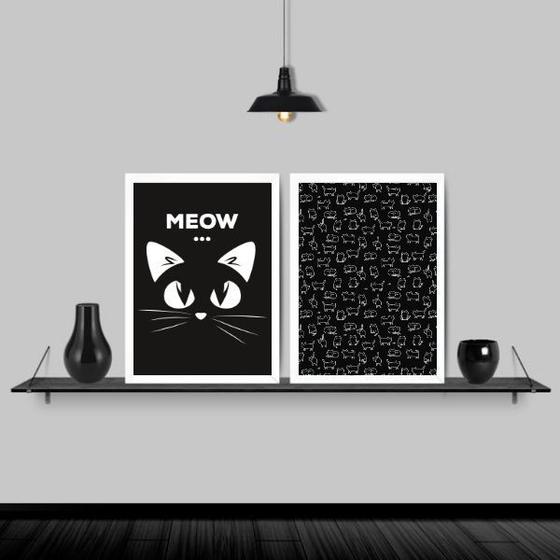 Imagem de Kit 2 Quadros Gatinho Meow Preto E Branco 45x34cm