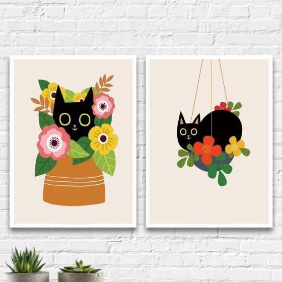 Imagem de Kit 2 Quadros Gato Com Flores 33X24Cm - Com Vidro