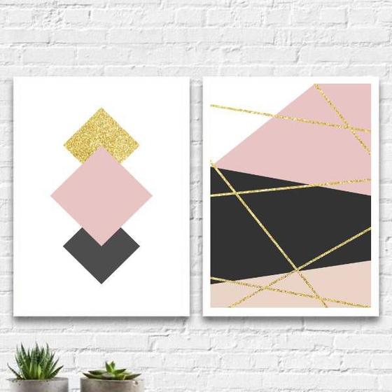 Imagem de Kit 2 Quadros Geométricos Rosa E Dourado 33x24cm