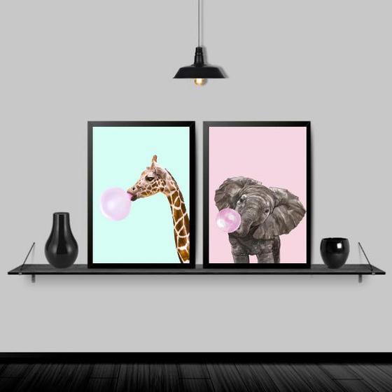 Imagem de Kit 2 Quadros Girafa E Elefante Chiclete 45x34cm - com vidro