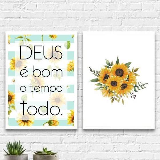 Imagem de Kit 2 Quadros Girassóis Deus É Bom 24X18Cm Com Vidro Branca