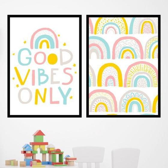 Imagem de Kit 2 Quadros Good Vibes Arco-Íris 33X24Cm - Moldura Preta