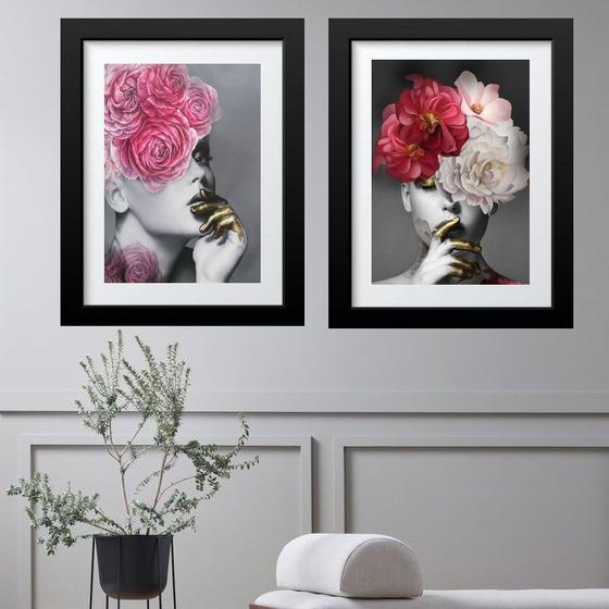 Imagem de Kit 2 Quadros Grandes Mulher Flores - 60x48cm