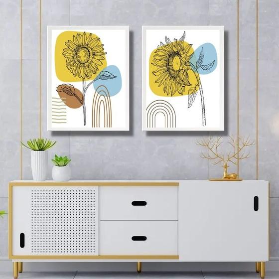 Imagem de Kit 2 Quadros Gravuras Girassóis Boho 33x24cm - com vidro