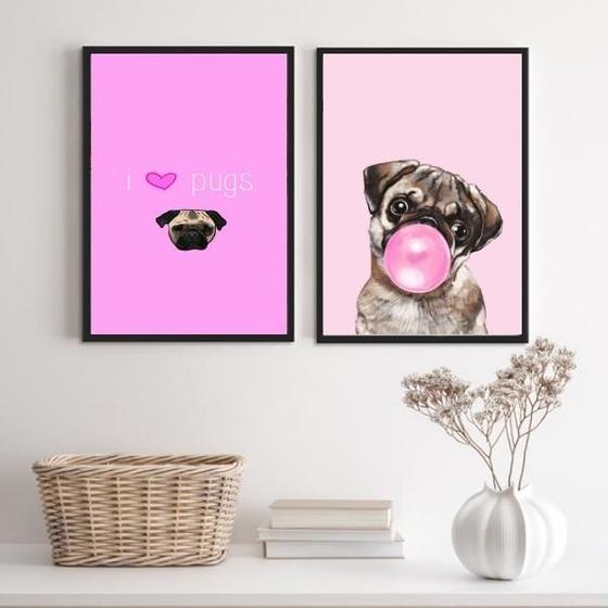 Imagem de Kit 2 Quadros I Love Pugs 24X18Cm Com Vidro - Madeira Branca