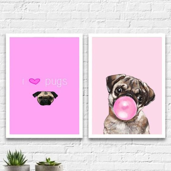 Imagem de Kit 2 Quadros I Love Pugs 24x18cm