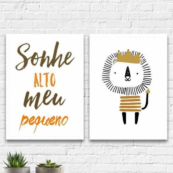 Imagem de Kit 2 Quadros Infantil Leãozinho Sonhe Alto 33X24Cm Preta