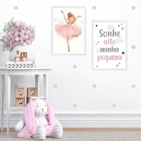 Imagem de Kit 2 Quadros Infantis Bailarina - Sonhe Alto 45x34cm - com vidro