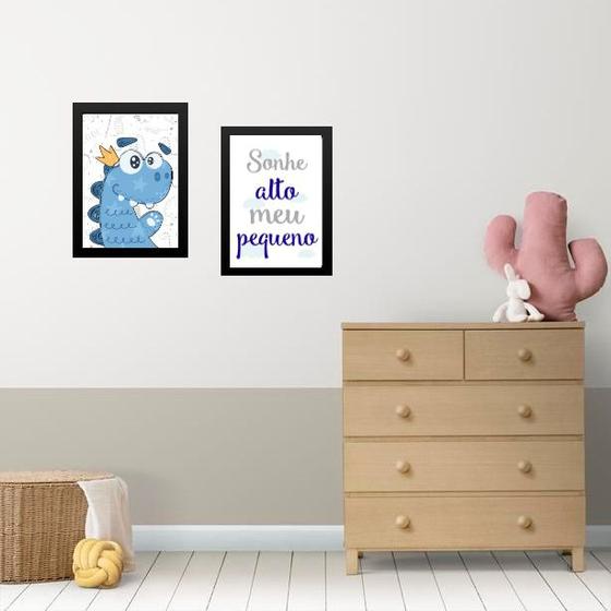 Imagem de Kit 2 Quadros Infantis Dinossauro Sonhe Alto 24x18cm - com vidro